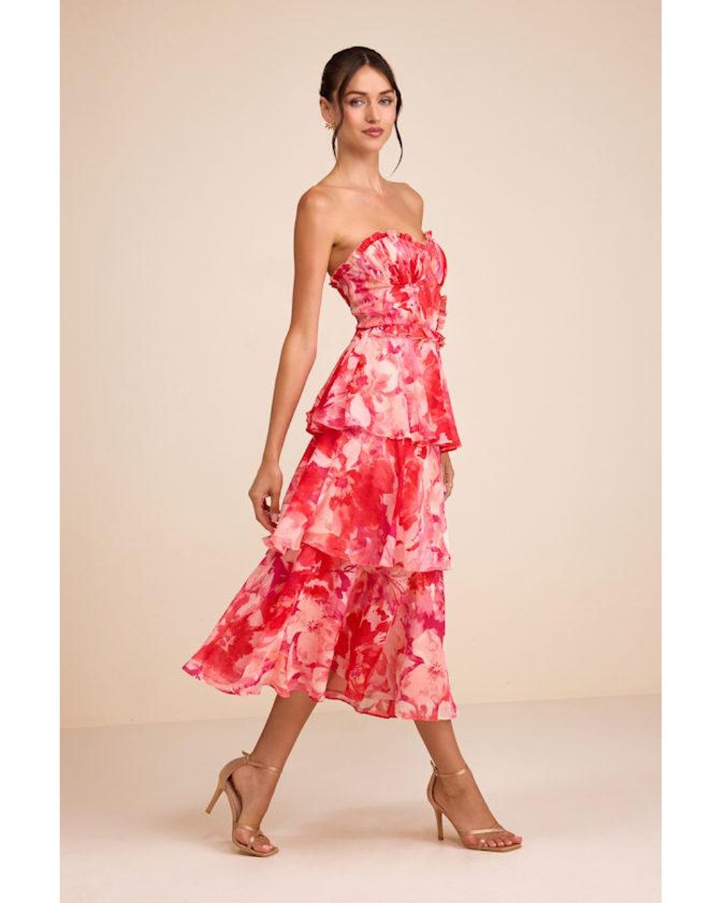 Lulus Pink Vaya Multi Floral Tiered Midi Dress