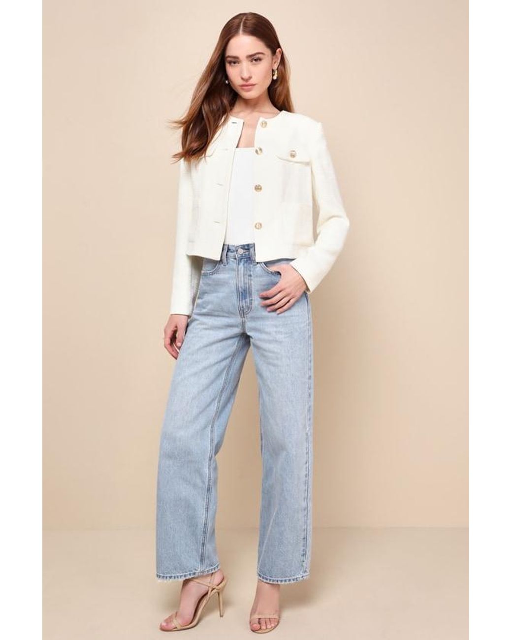 Lulus White Undeniably Poised Cream Tweed Crew Neck Button-Front Blazer