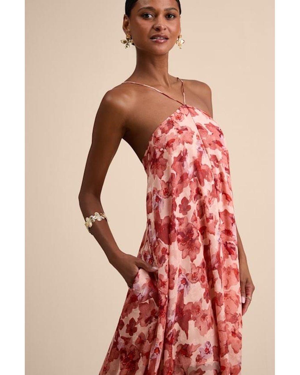 Lulus Pink Dezzi Blush Multi Floral Halter Shift Maxi Dress