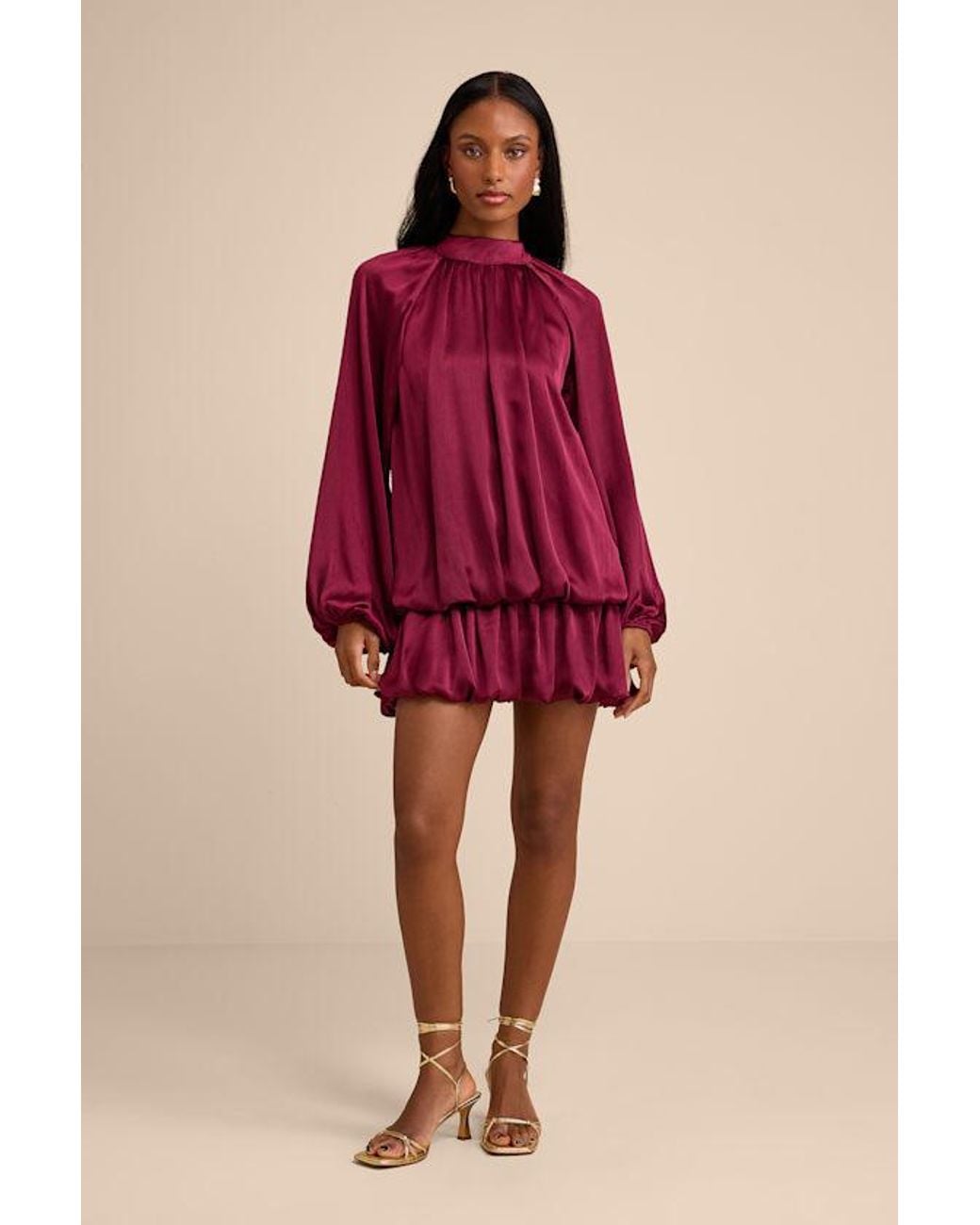 Lulus Red Nagaina Satin Drop Waist Bubble-Hem Mini Dress