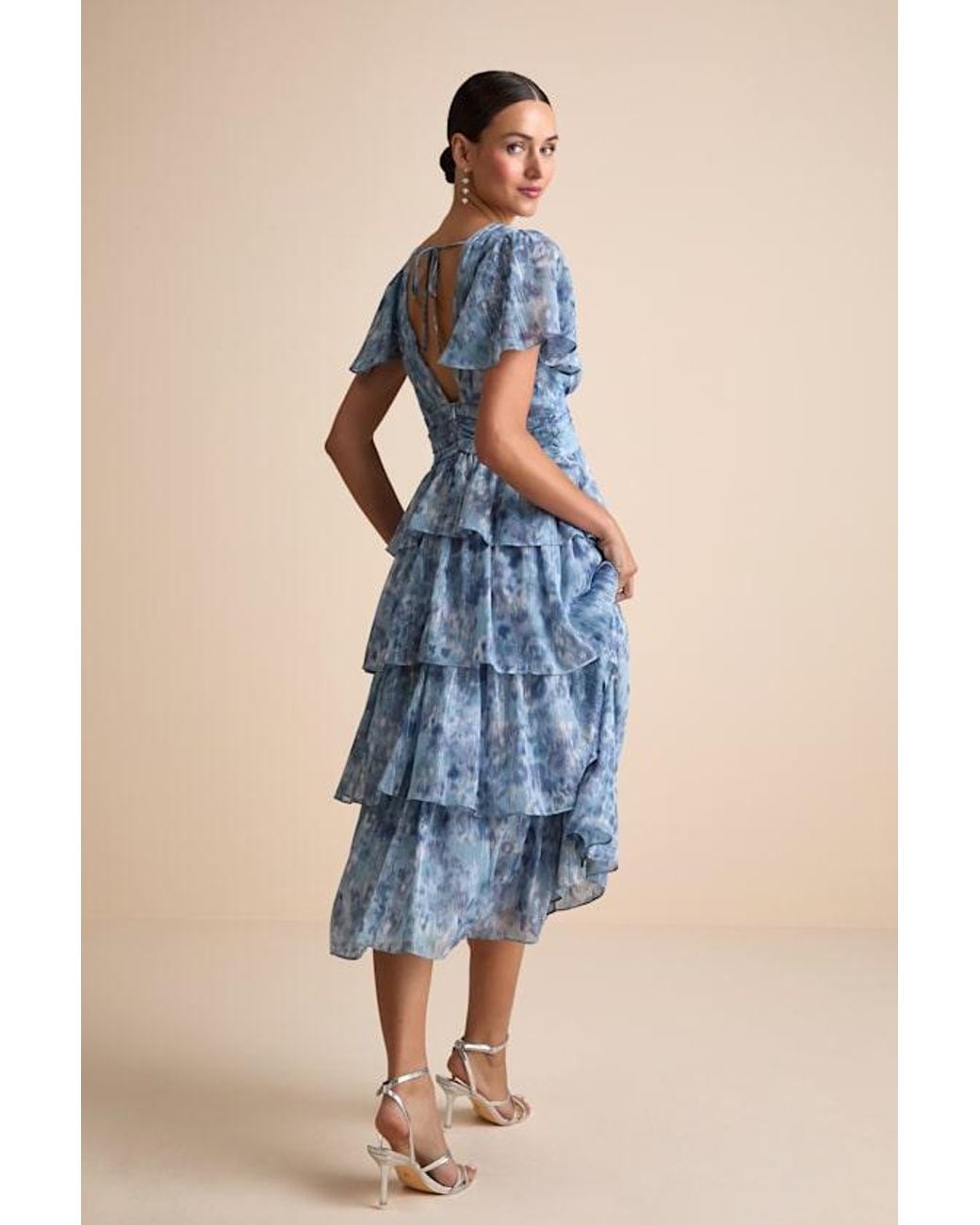 Lulus Blue Nalia Abstract Print Tiered Tie-Back Midi Dress
