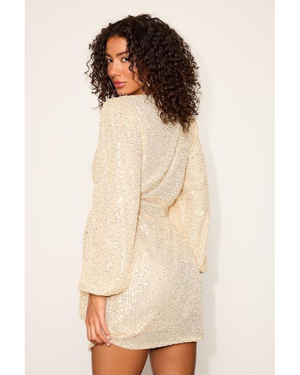 Lulus Natural Sparkly Darling Sequin Long Sleeve Wrap Dress