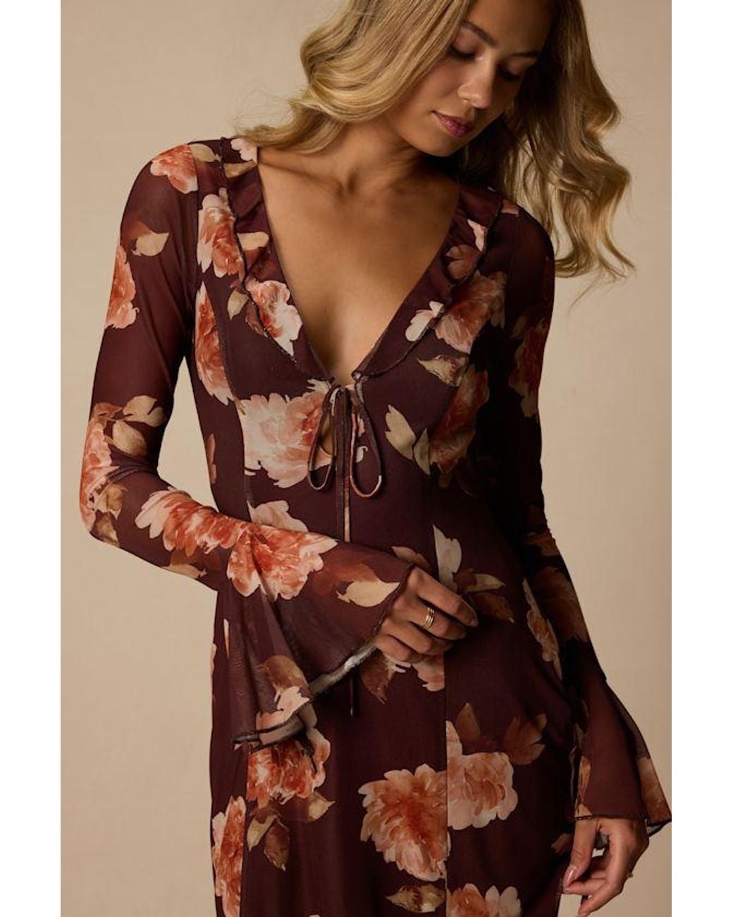 Lulus Brown Hayden Multi Floral Mesh Mini Dress