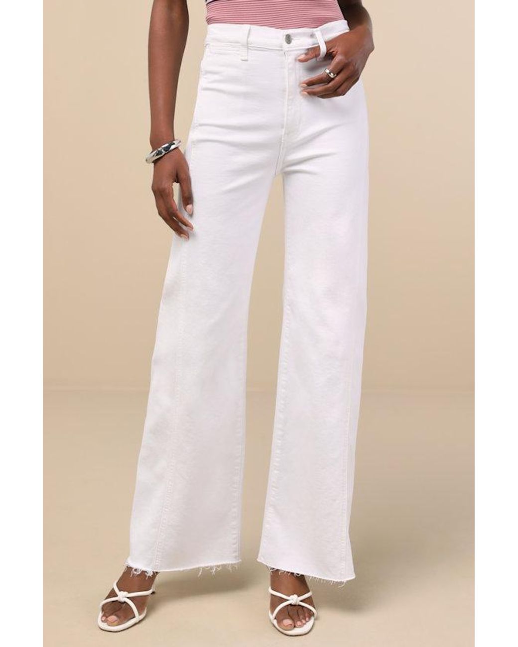 Daze Denim Natural Far Out Wide-Leg Seamed Raw Hem High-Rise Jeans