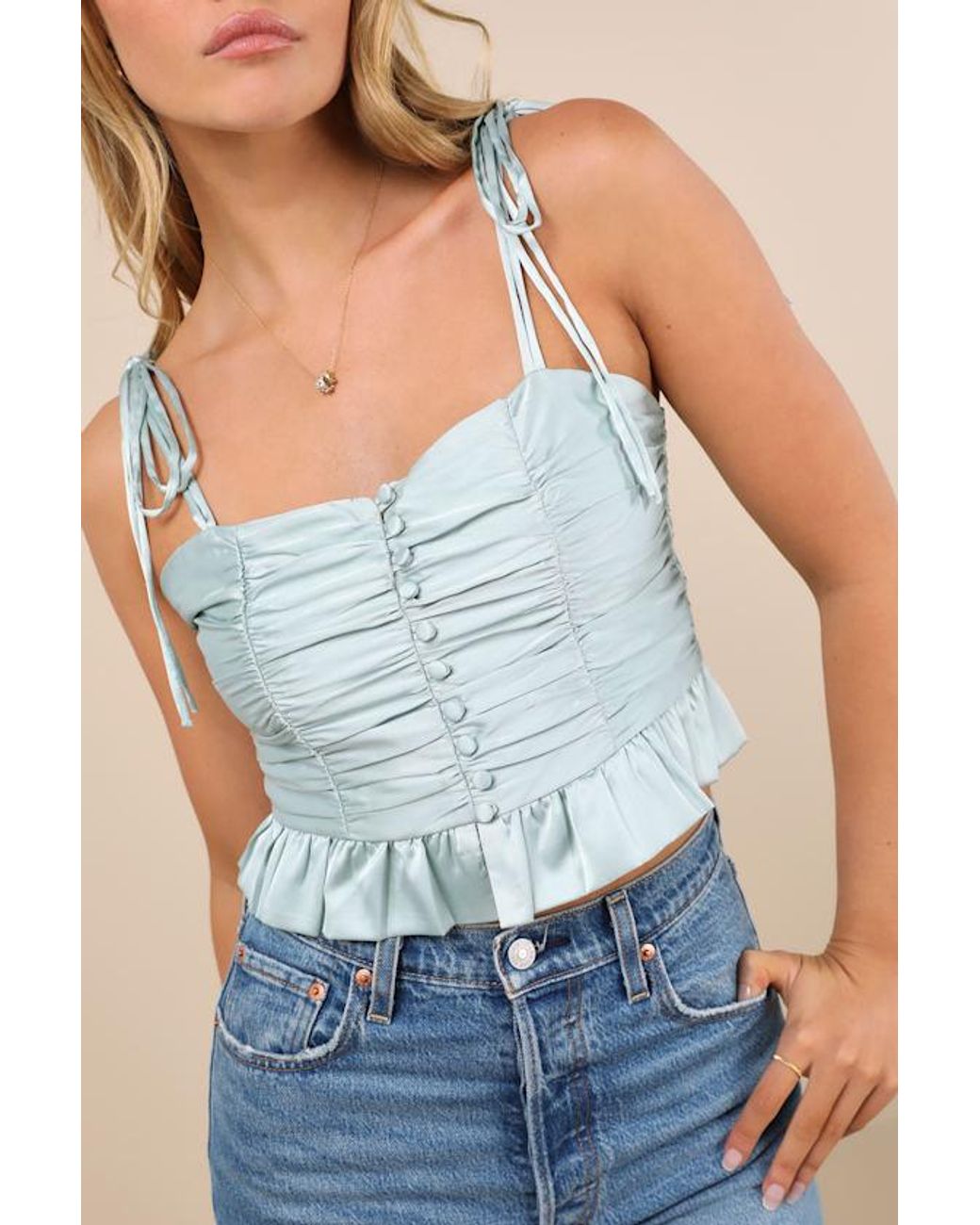 Lulus Blue Elliena Mint Satin Ruched Tie-Strap Peplum Crop Top