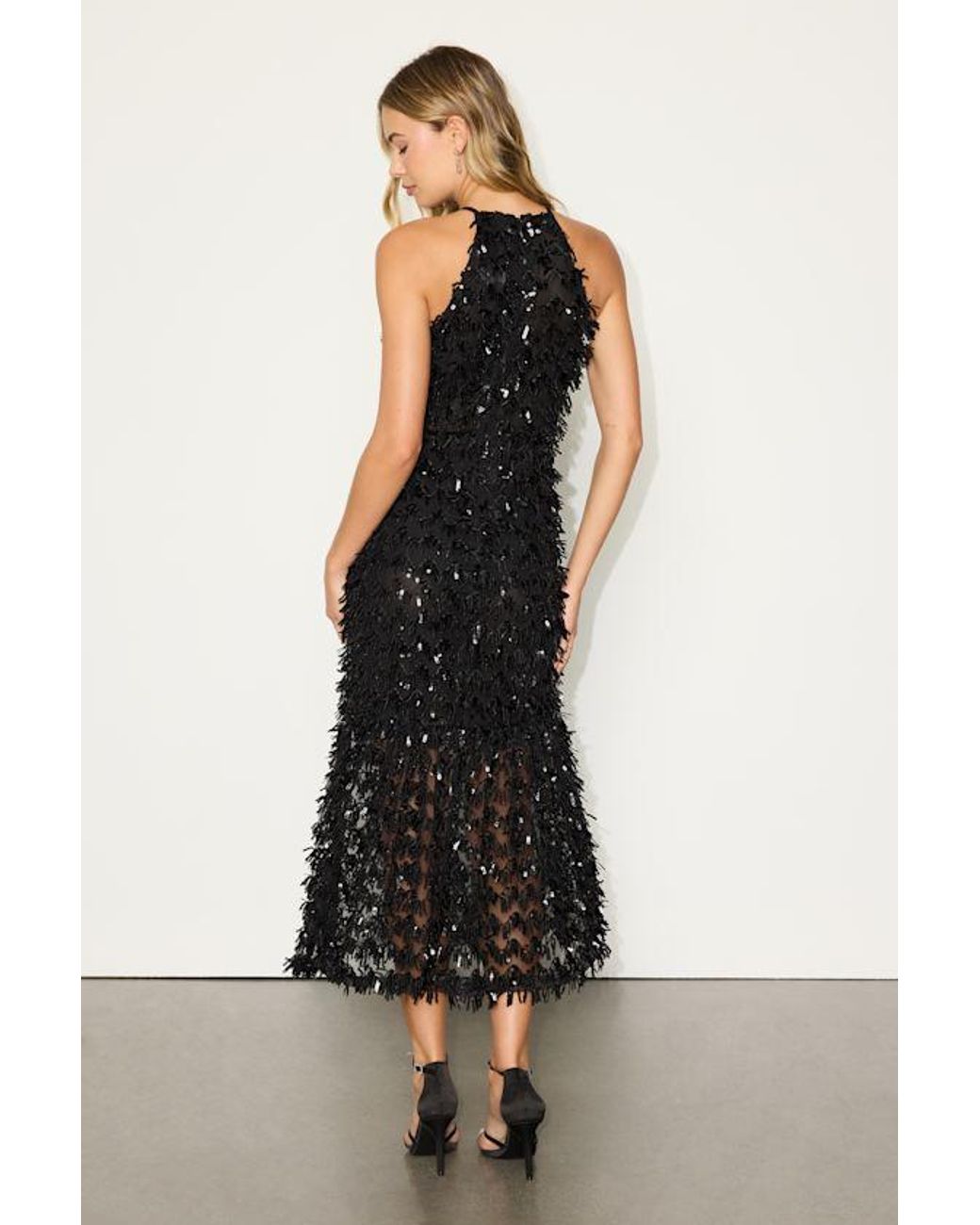 Lulus Black Fallon Sequin Halter Midi Dress