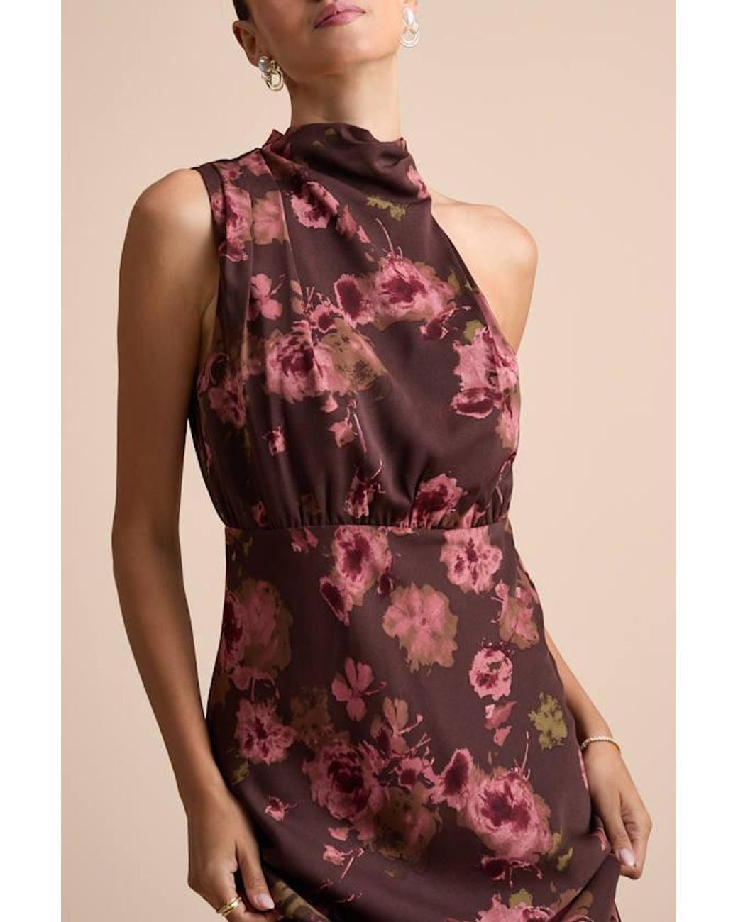 Lulus Brown Distinctive Charm Floral Satin Asymmetrical Maxi Dress