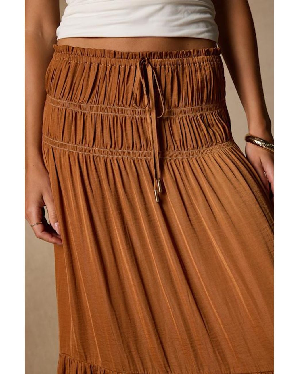 Lulus Brown Goldie Ruched Midi Skirt