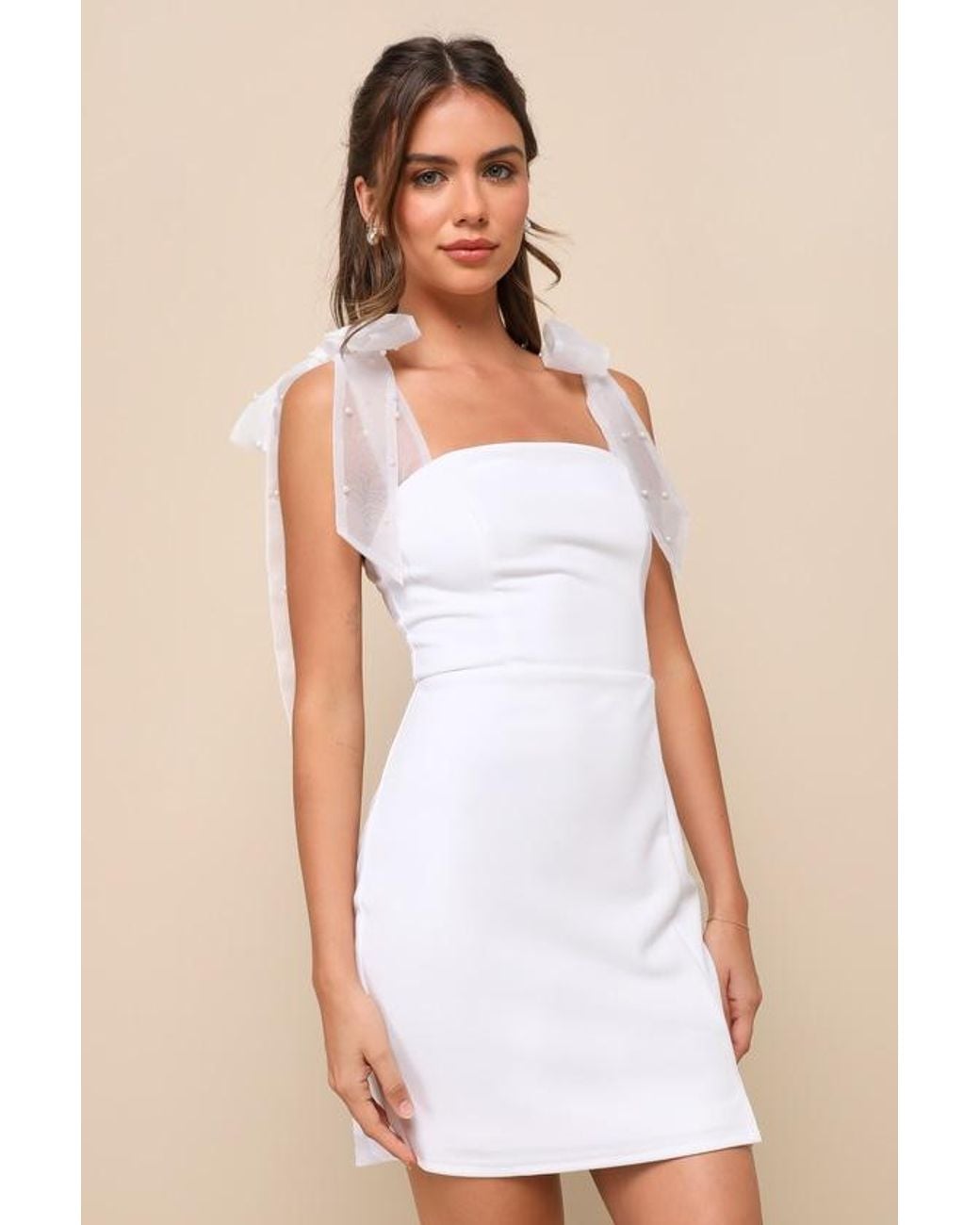 Lulus Natural Beaming Perfection Pearl Organza Tie-Strap Mini Dress