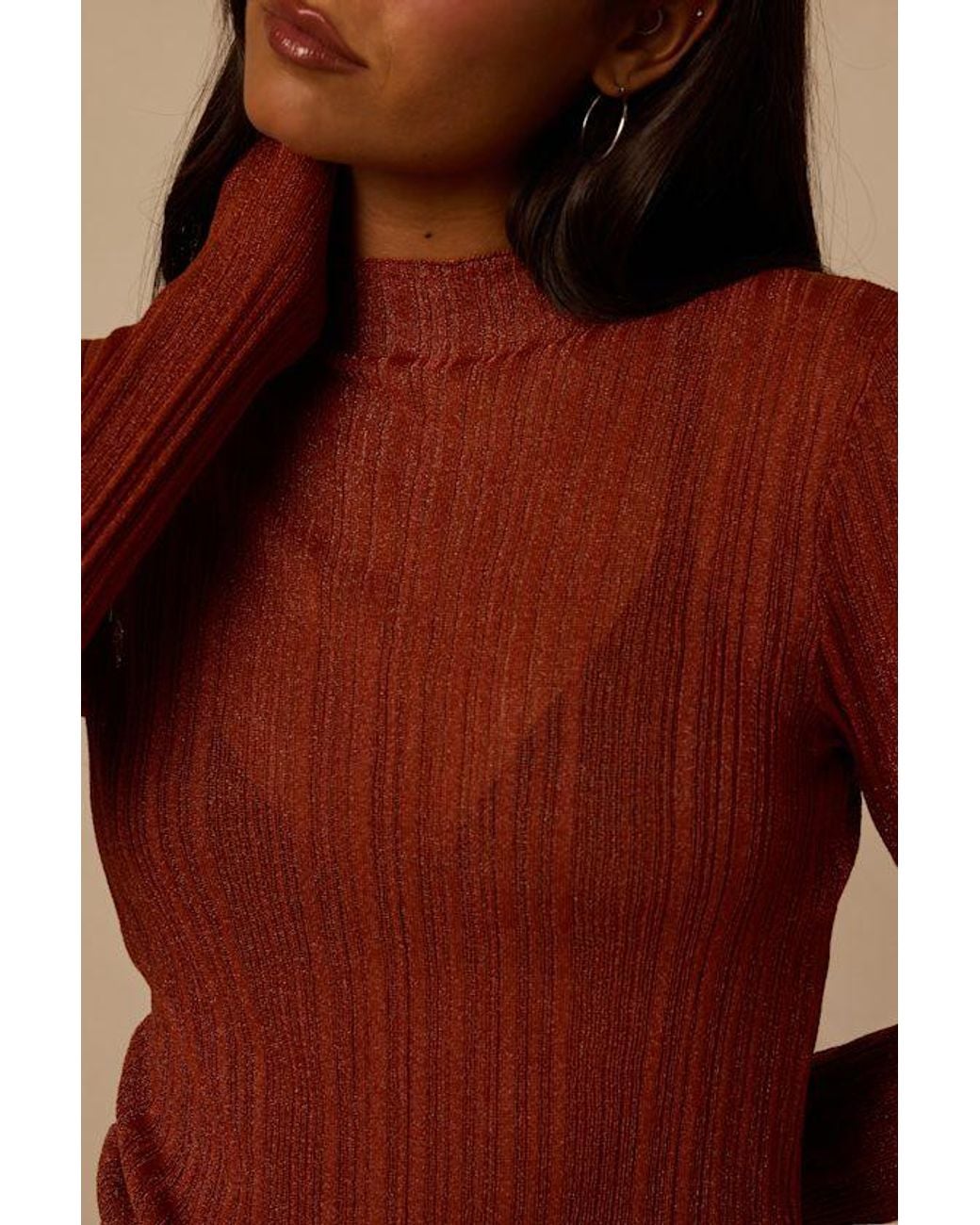 Lulus Brown Rendezvous Shiny Mock Neck Top