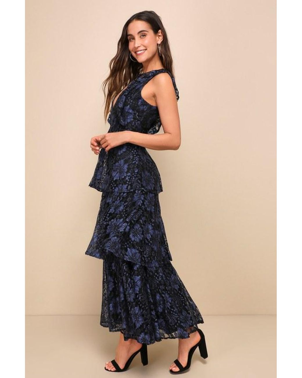 Lulus Blue Molinetto Lace Ruffled Tiered Sleeveless Maxi Dress