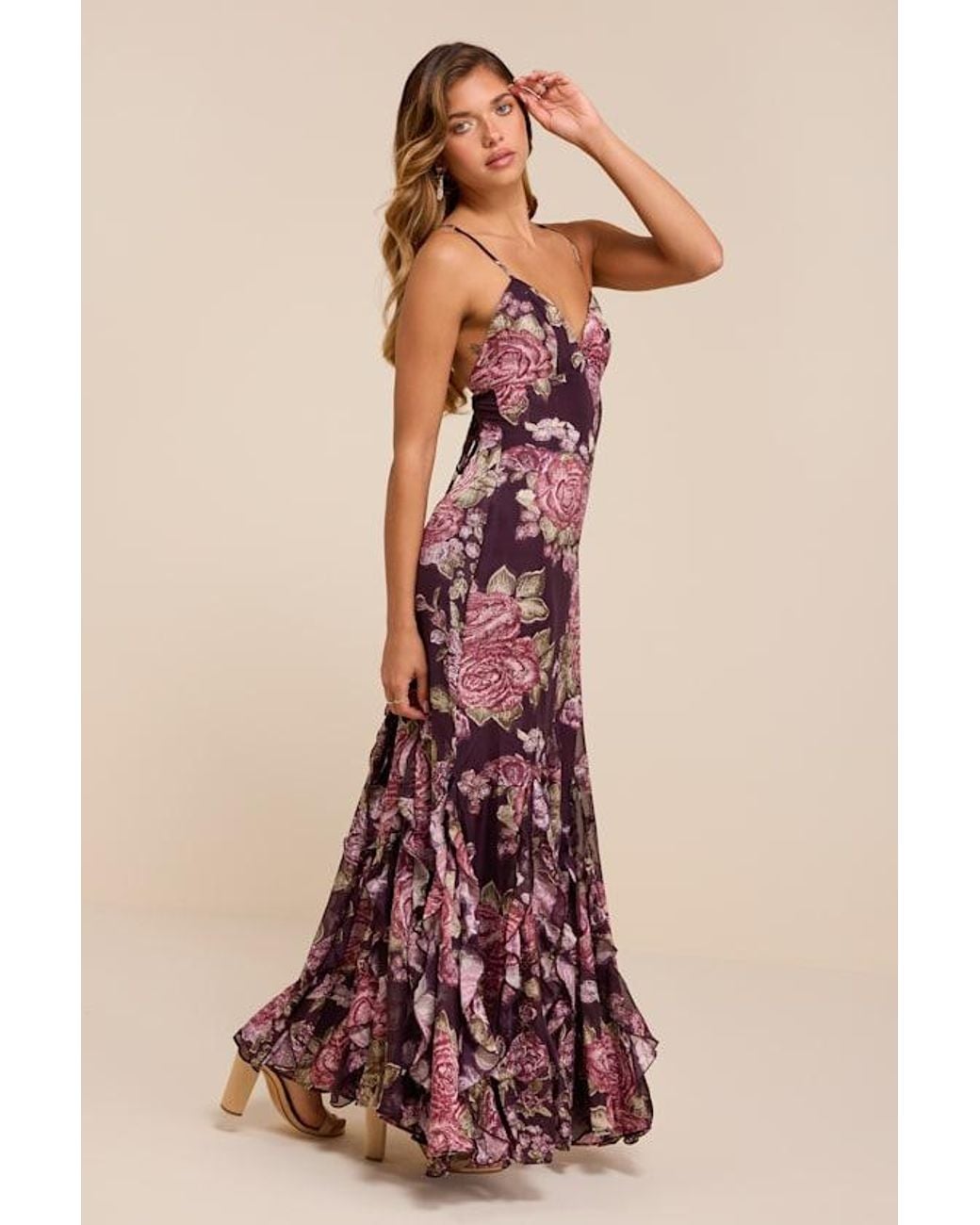 Lulus Red Deluca Plum Floral Burnout Sleeveless Ruffled Maxi Dress