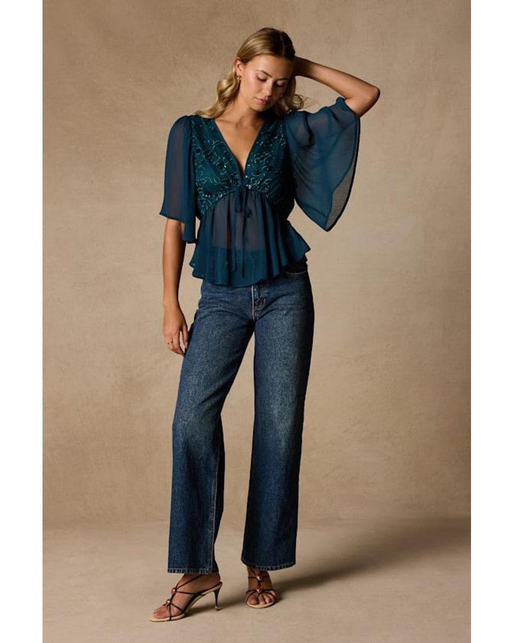 Lulus Blue Dakotah Embroidered Sequin Top