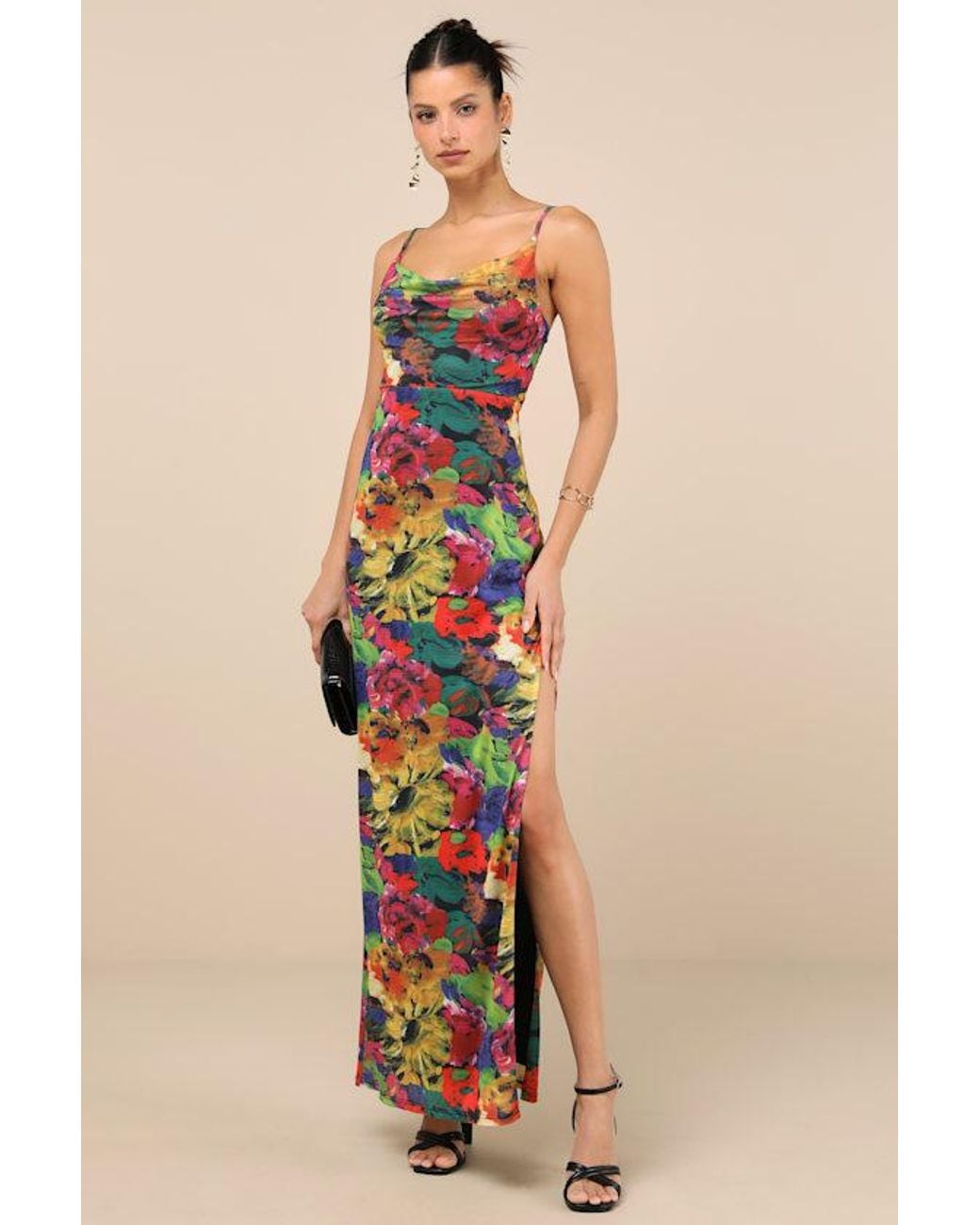 Lulus Blue Sunniva Multi Print Mesh Cowl Maxi Dress