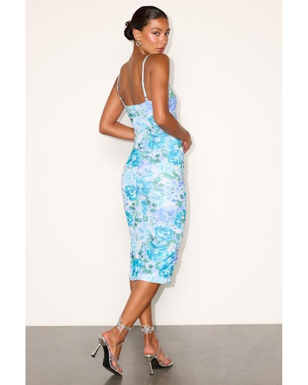 Lulus Blue Date Night Beauty Floral Print Mesh Ruched Midi Dress