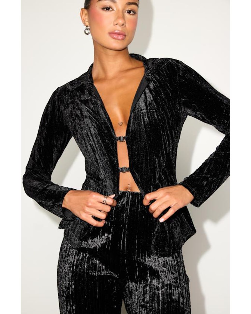 Lulus Black Saelora Crushed Velvet Clasp-Front Long Sleeve Top