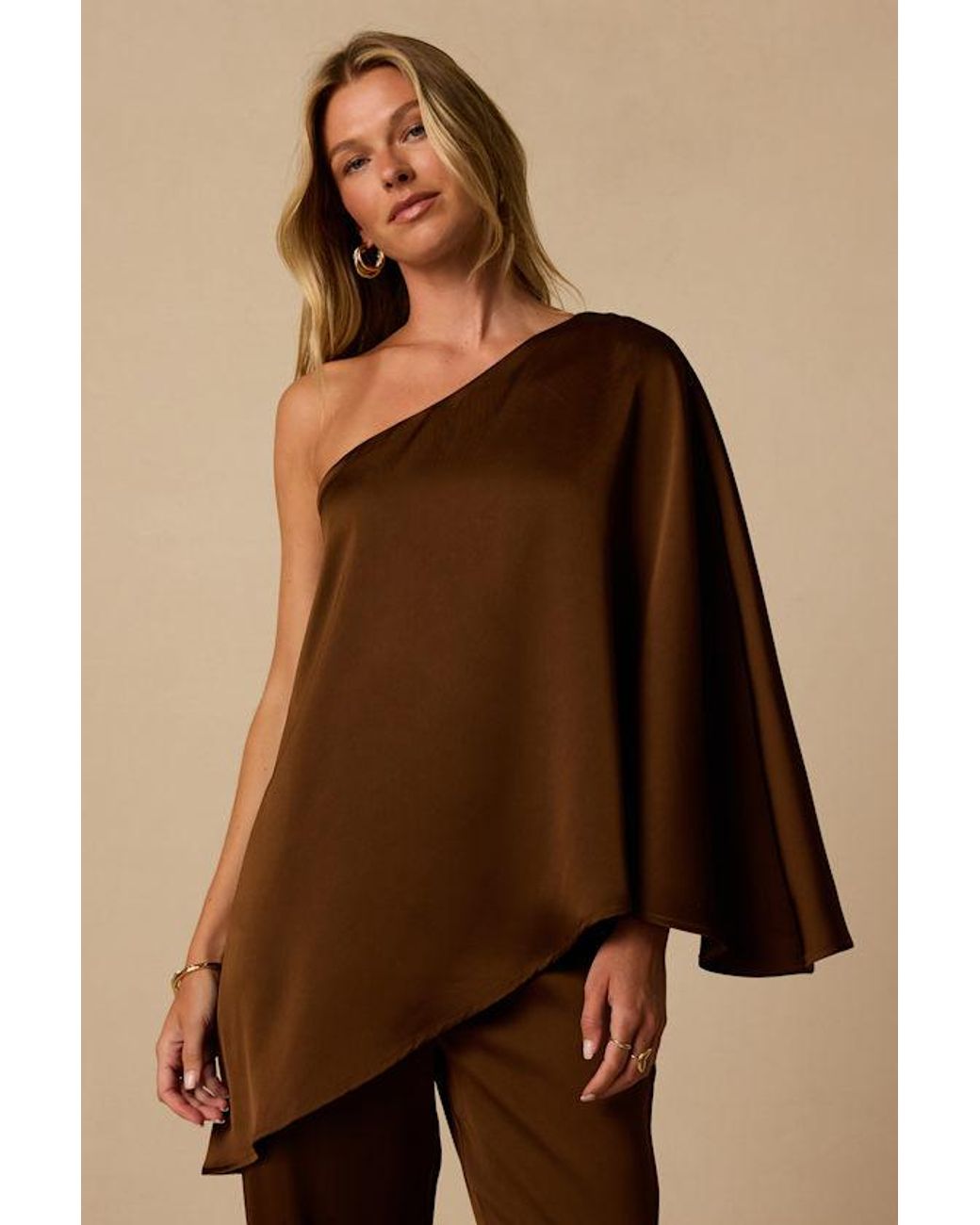 Lulus Brown Winona Satin One-Shoulder Top