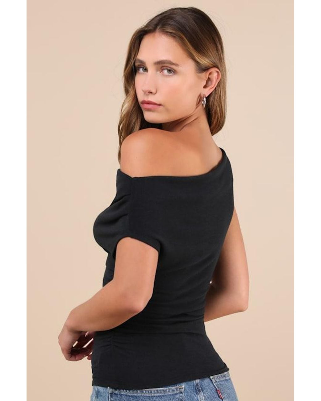 Lulus Black Expert Poise Ruched One-Shoulder Top