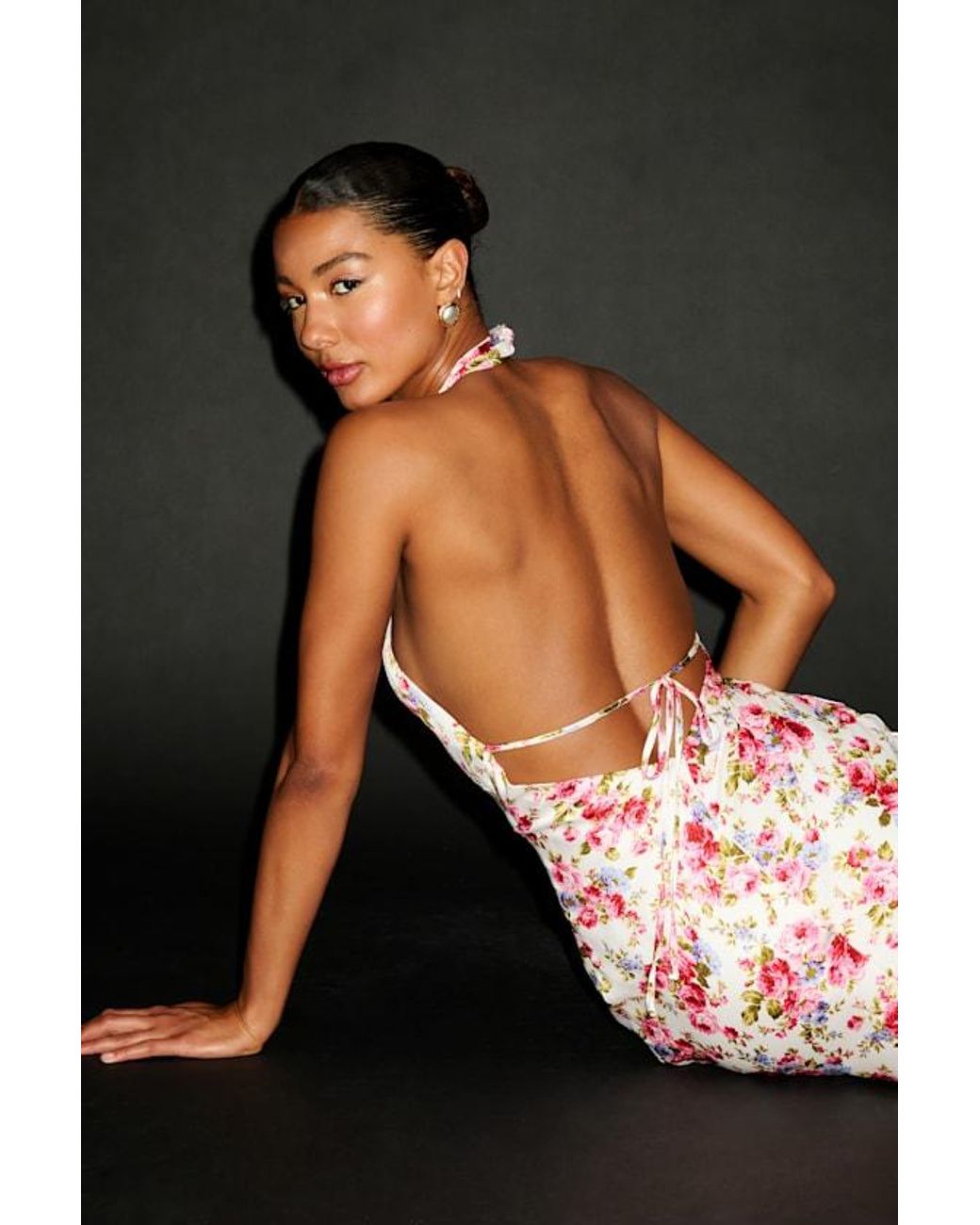 Lulus White Mayar Floral Satin Cross-Front Halter Mini Dress