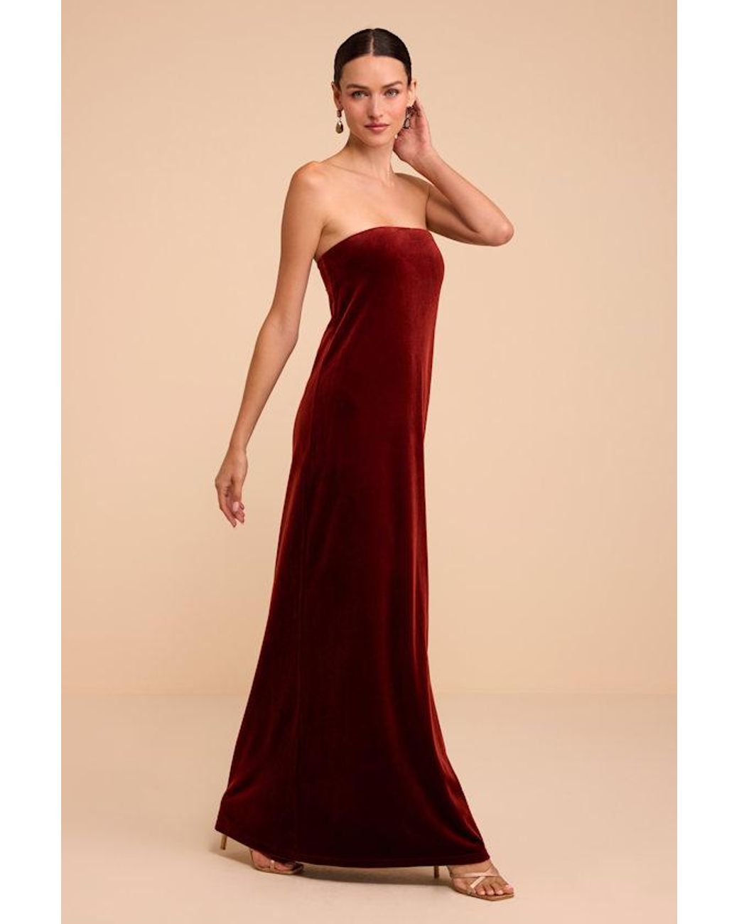 Lulus Brown Saxon Rust Velvet Strapless Maxi Dress