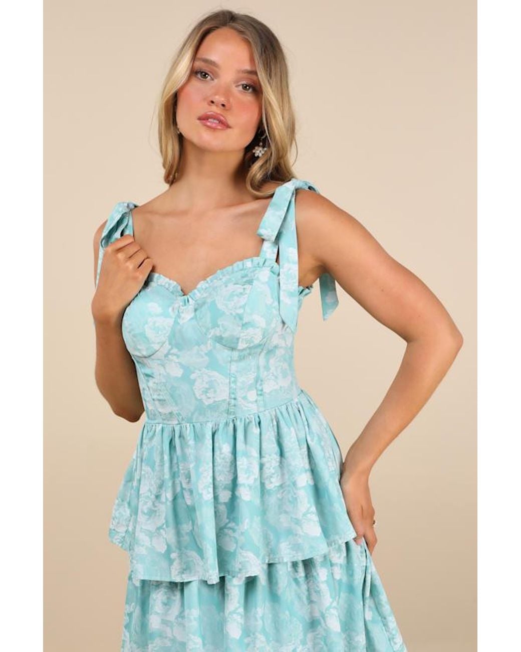 Lulus Blue Lovely Bliss Aqua Floral Jacquard Strapless Bustier Midi Dress