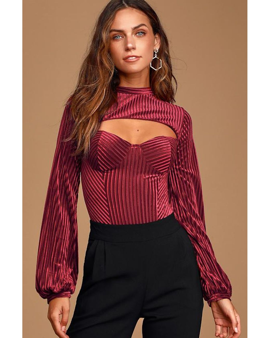 Lulus Red Always Alluring Striped Velvet Cutout Bustier Bodysuit