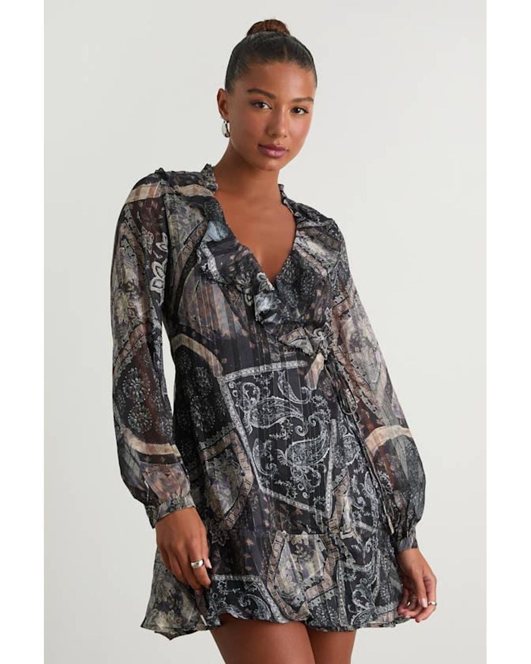 Lulus Gray Claire Dark Boho Print Wrap Mini Dress