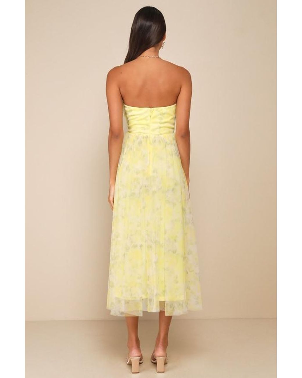 Lulus Yellow Perfect Whimsy Floral Mesh Strapless Midi Dress