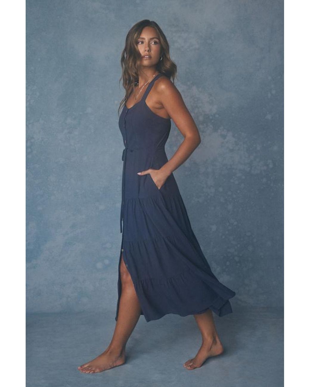 Lulus Blue See The City Button-Front Tiered Midi Dress