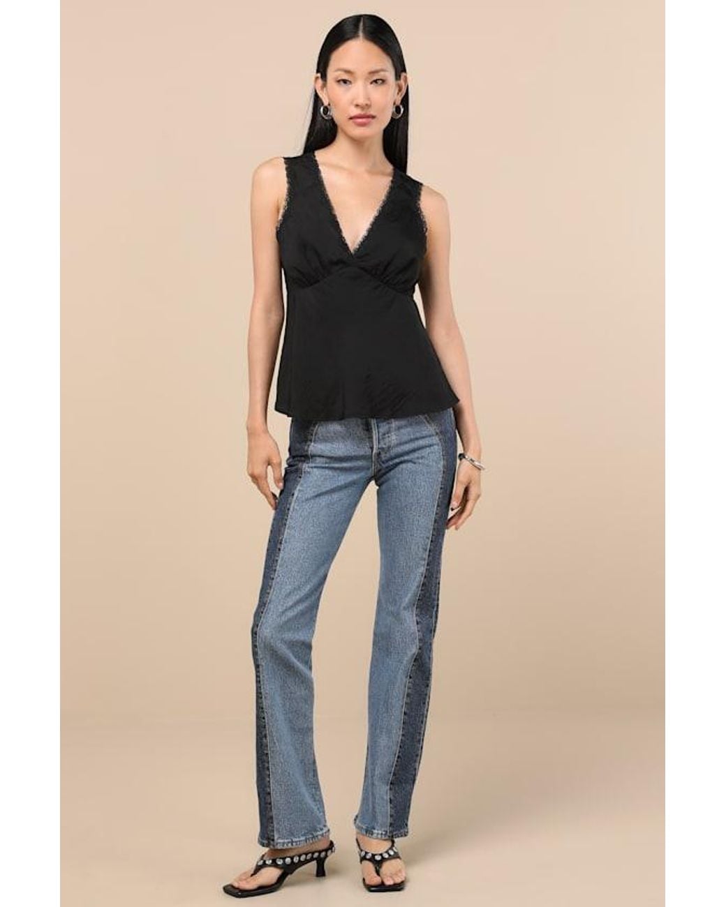 Lulus Black Lowenna Satin Lace Tank Top
