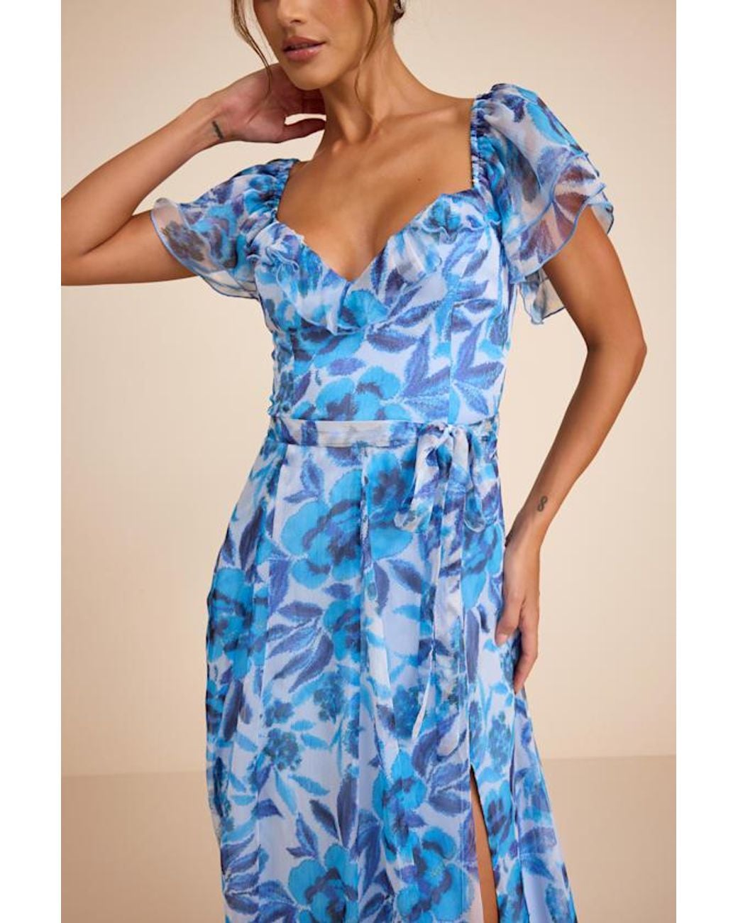 Lulus Blue Sensationally Sweeter Floral Ruffled Maxi Dress