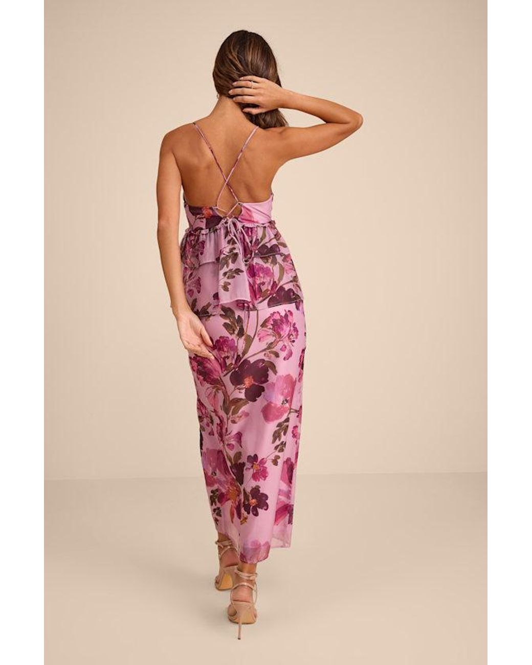 Lulus Pink Abella Floral Peplum Lace-Up Midi Dress