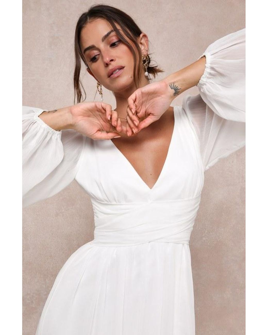 Lulus Natural Enchant My Love V-Neck Long Sleeve Maxi Dress