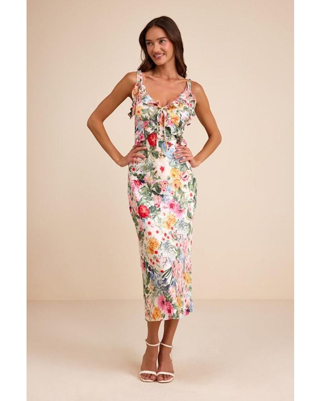 Lulus White Clelia Multi Floral Satin Ruffled Tie-Strap Midi Dress