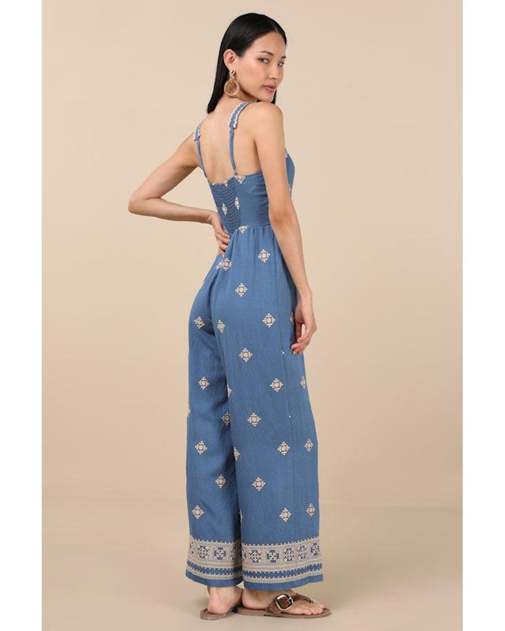 Lulus Blue Arwen Embroidered Wide-Leg Jumpsuit