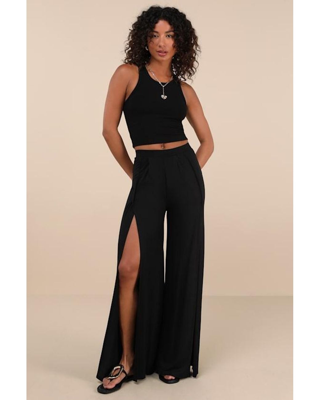 Lulus Black Knockout Knit Wide-Leg Slit-Front Pants