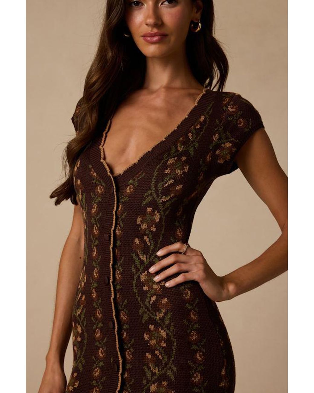 Lulus Natural Savanna Floral Button-Front Sweater Midi Dress