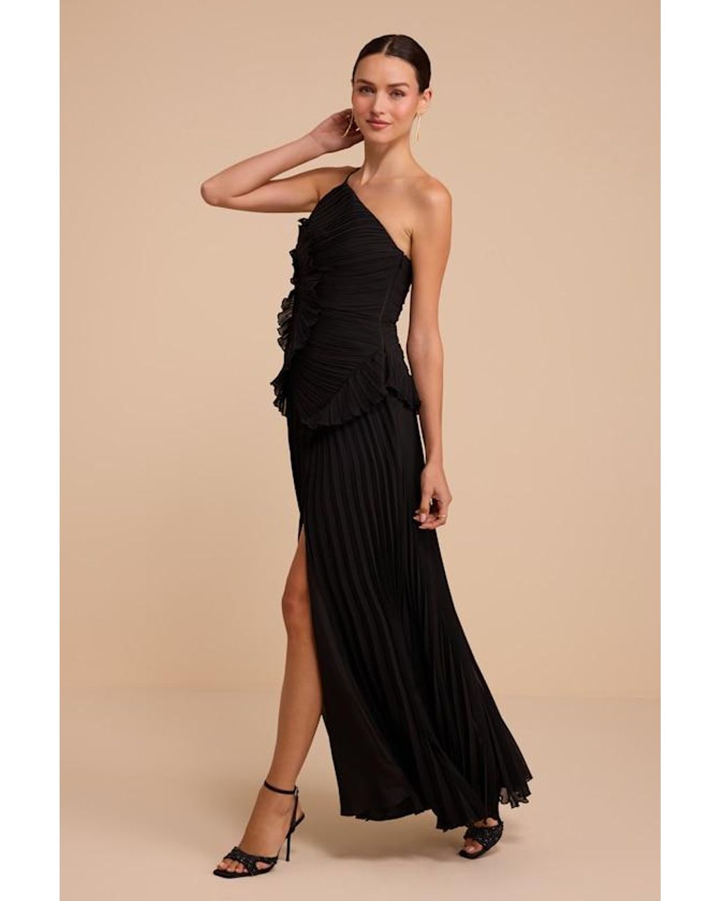 Lulus Black Magdalene Pleated Asymmetrical Maxi Dress