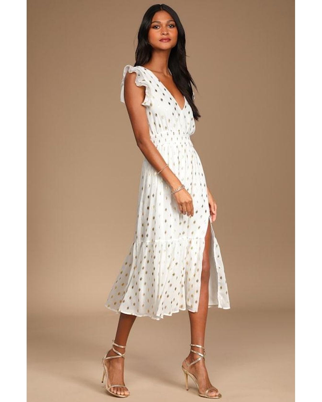 Lulus Natural Cause To Celebrate And Dot Ruffled Tiered Midi Dress