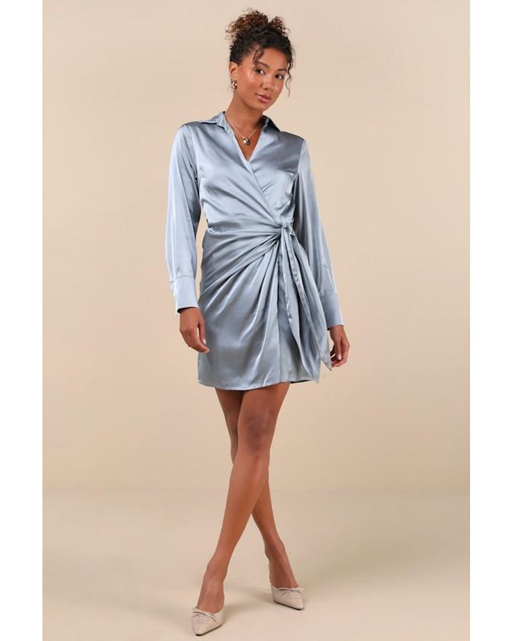 Lulus Blue Painterly Perfection Satin Wrap Mini Dress