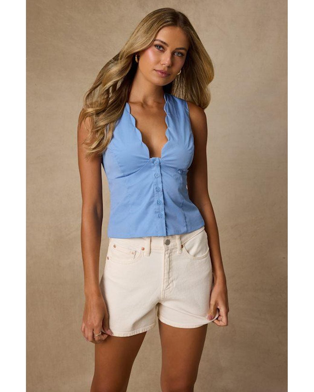 Lulus Blue Seasonally Lovely Scalloped Button-Front Poplin Top