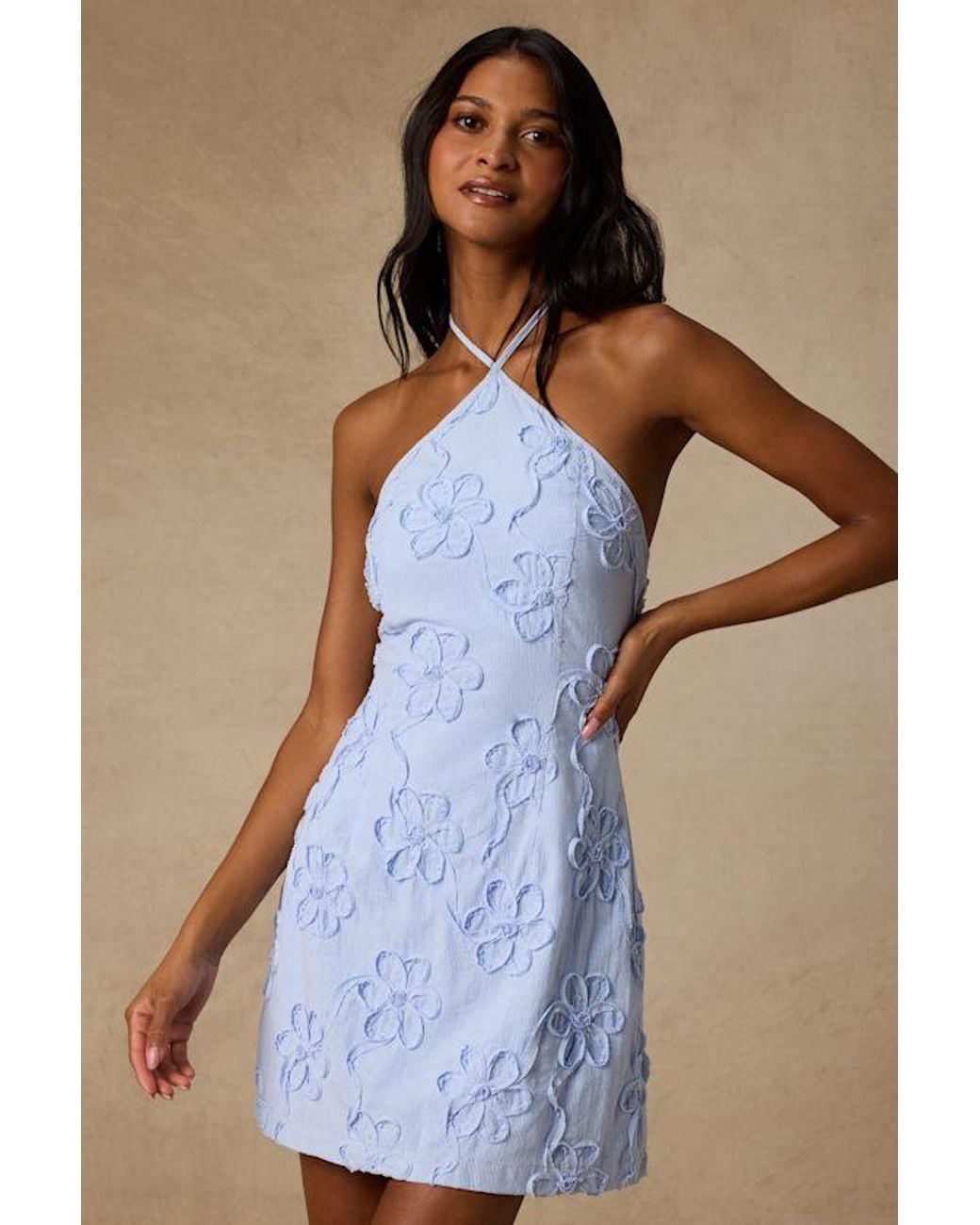 Lulus Blue Marlina Striped Floral Halter Mini Dress