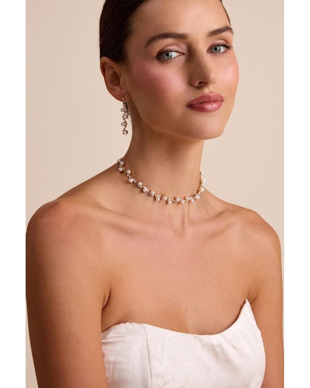 Lulus Natural Haleema Pearl Rhinestone Necklace And Earring Set
