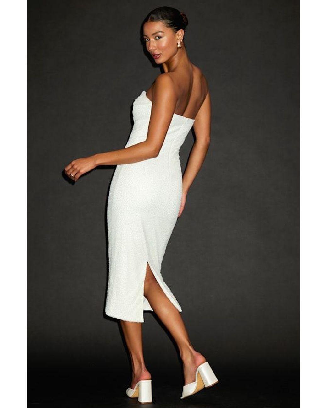 Lulus Natural Catriona Beaded Cowl Neck Strapless Midi Dress