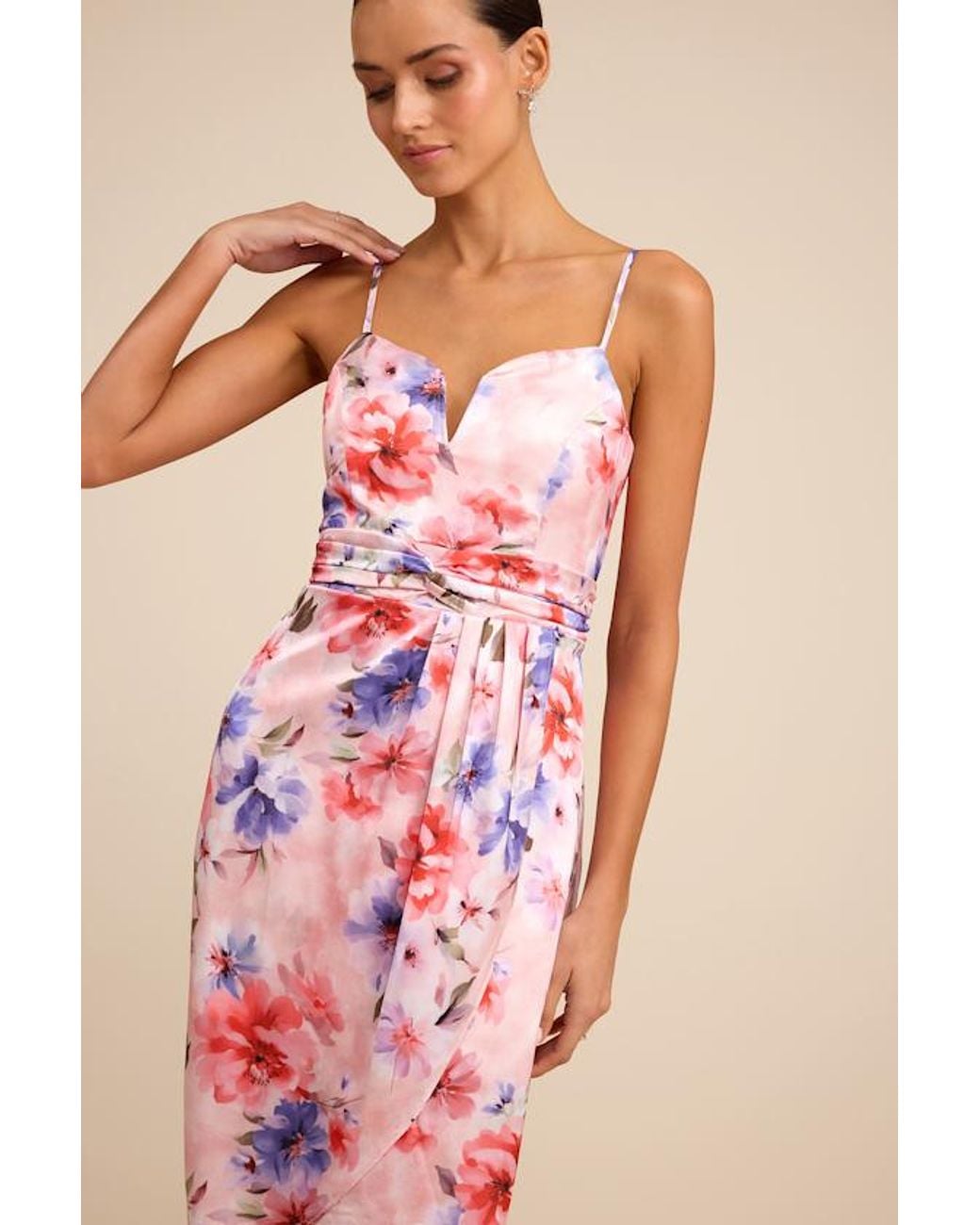 Lulus Pink My Favorite Day Floral Print Tulip Skirt Midi Dress