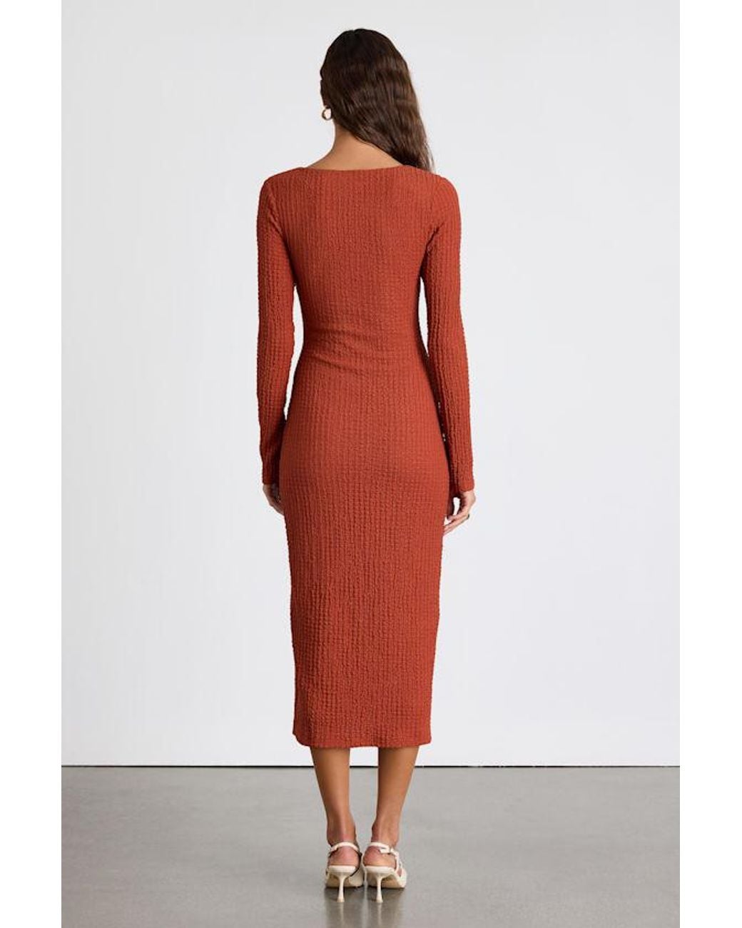 Lulus Austine Rust Textured Knit Long Sleeve Midi Dress | Lyst