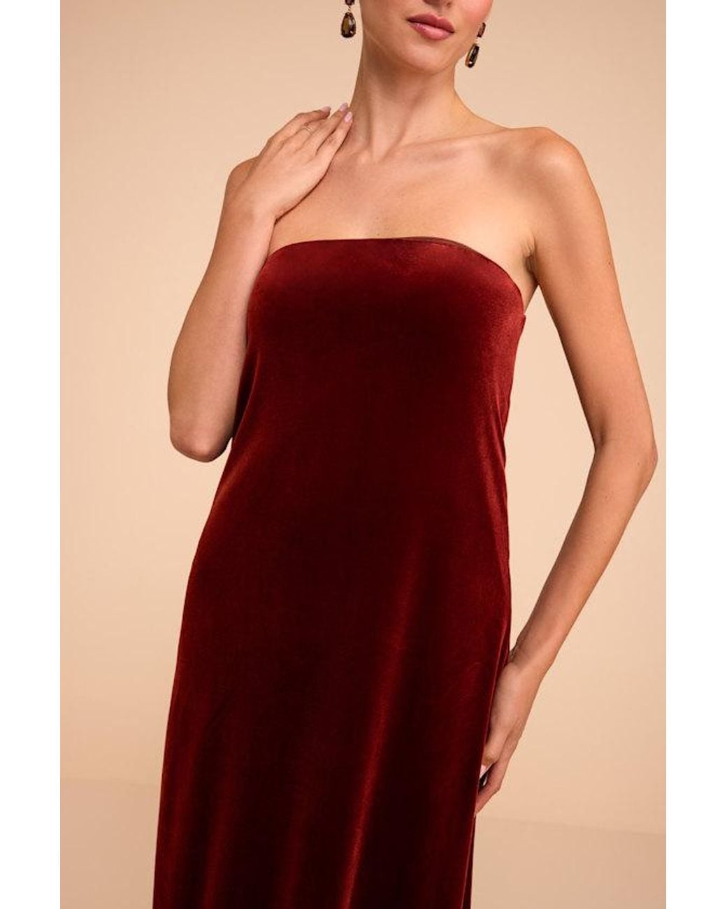 Lulus Brown Saxon Rust Velvet Strapless Maxi Dress