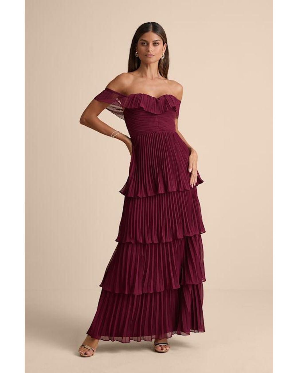 Lulus Red Always Remarkable Pleated Off-The-Shoulder Maxi Dress