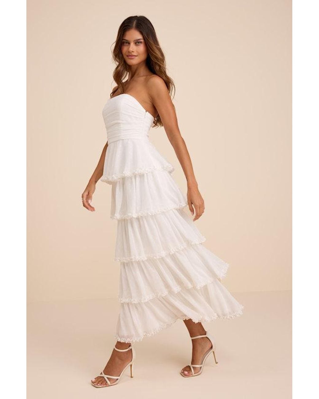 Lulus Natural Mianella Swiss Dot Tiered Maxi Dress