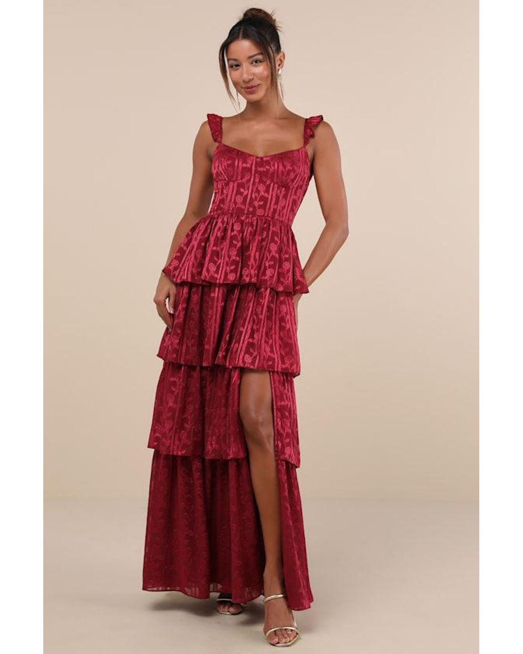 Lulus Stunning Glory Floral Jacquard Tiered Maxi Dress